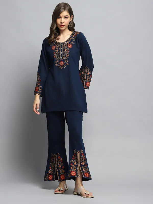 Women Blue Self Design Round Neck Full Sleeve Kurti Set sold by Monte Carlo