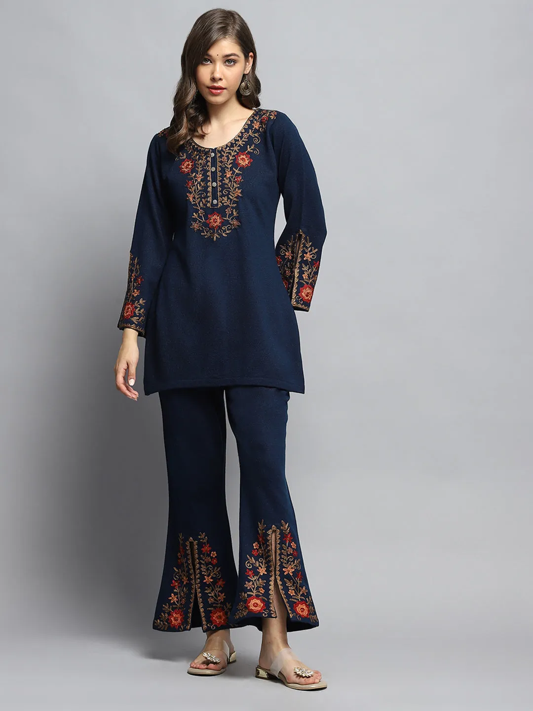Women Blue Self Design Round Neck Full Sleeve Kurti Set sold by Monte Carlo