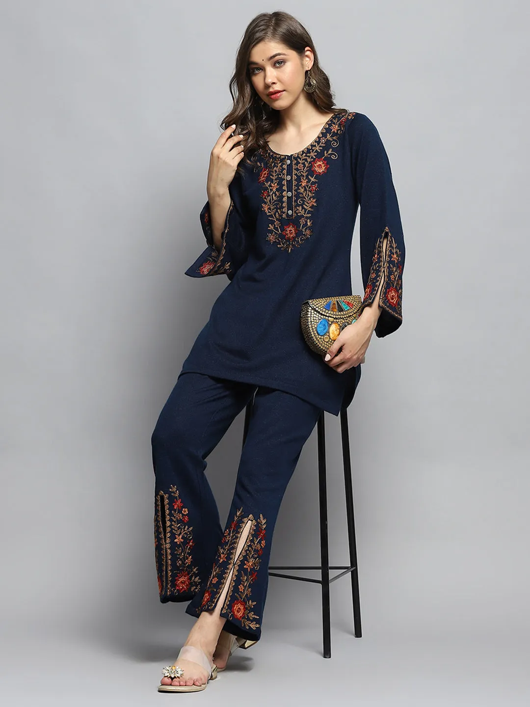 Women Blue Self Design Round Neck Full Sleeve Kurti Set sold by Monte Carlo product image thumbnail 2