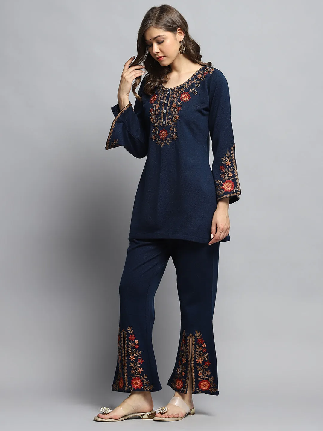 Women Blue Self Design Round Neck Full Sleeve Kurti Set sold by Monte Carlo product image thumbnail 3