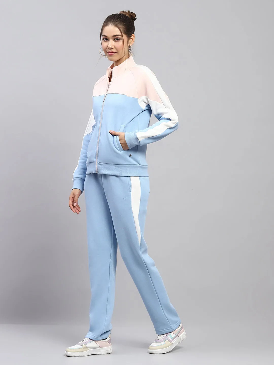 Women Sky Blue Solid Mock Neck Full Sleeve Tracksuit sold by Monte Carlo product image thumbnail 3