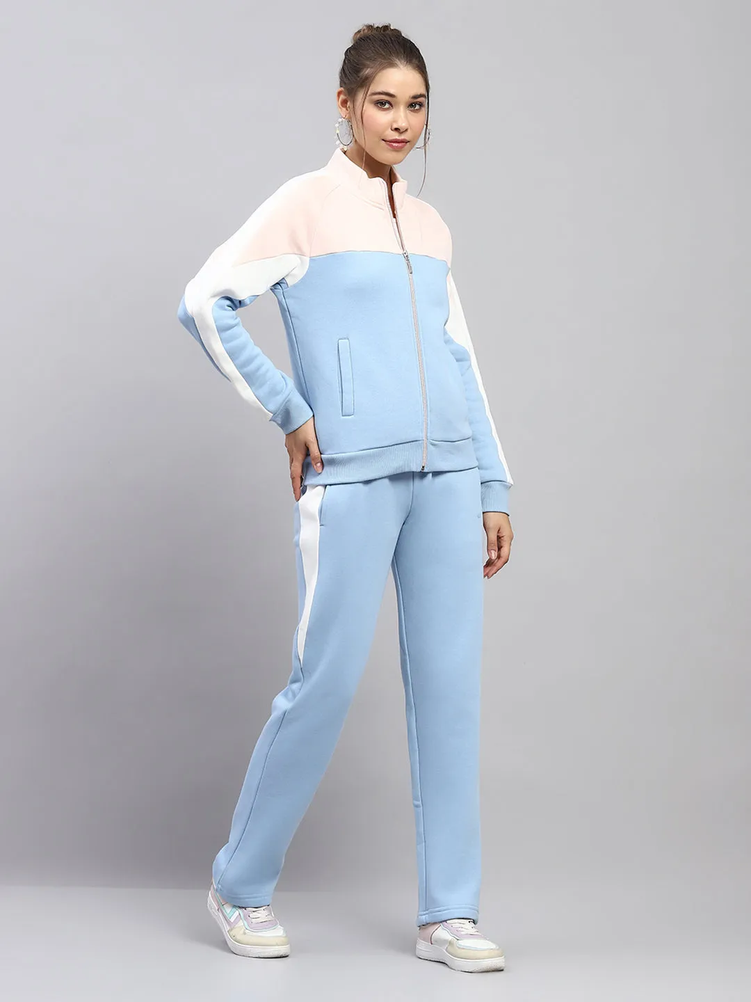 Women Sky Blue Solid Mock Neck Full Sleeve Tracksuit sold by Monte Carlo product image thumbnail 4