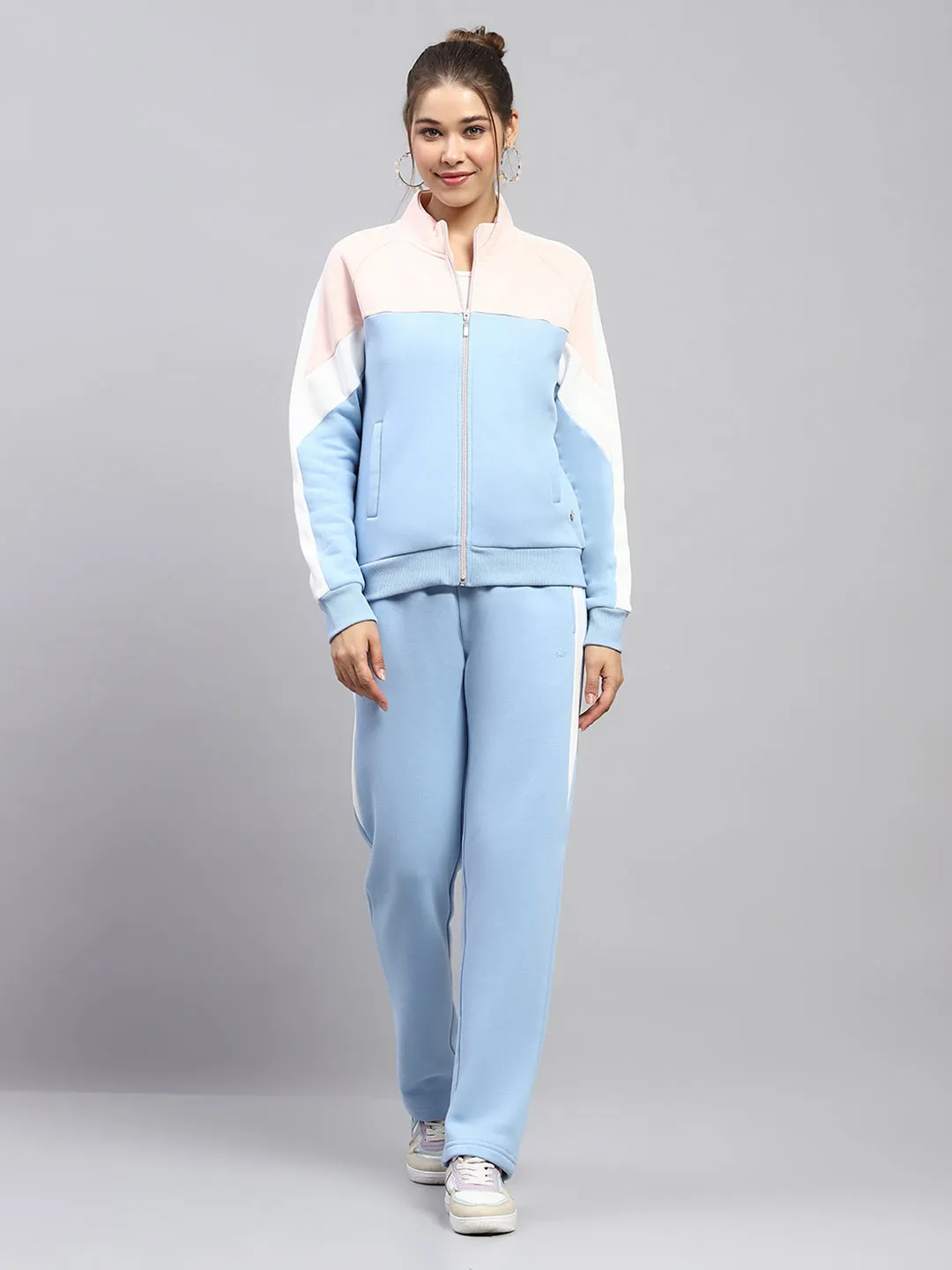 Women Sky Blue Solid Mock Neck Full Sleeve Tracksuit sold by Monte Carlo
