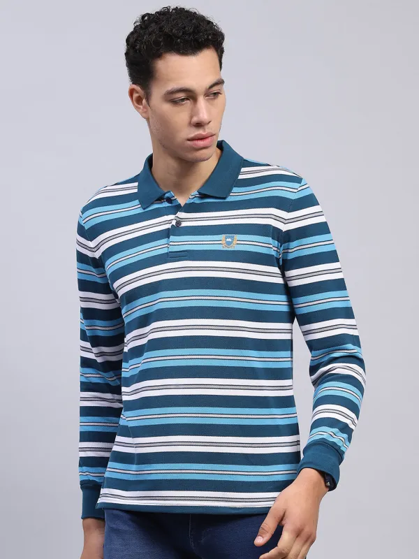 Men Blue Stripe Collar Full Sleeve Winter T-Shirt made by Monte Carlo