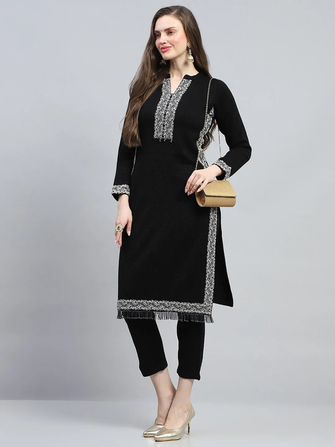 Women Black Embroidered Round Neck Full Sleeve Kurti Set for Winter sold by Monte Carlo product image thumbnail 2