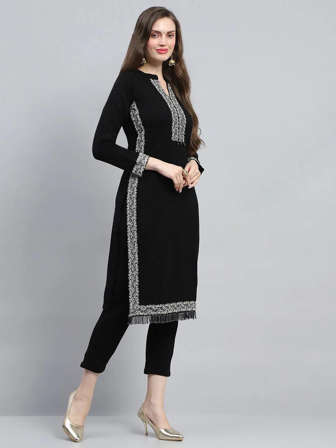 Women Black Embroidered Round Neck Full Sleeve Kurti Set for Winter sold by Monte Carlo product image thumbnail 4