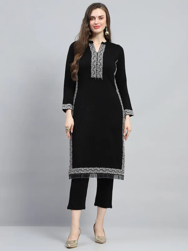 Women Black Embroidered Round Neck Full Sleeve Kurti Set for Winter sold by Monte Carlo