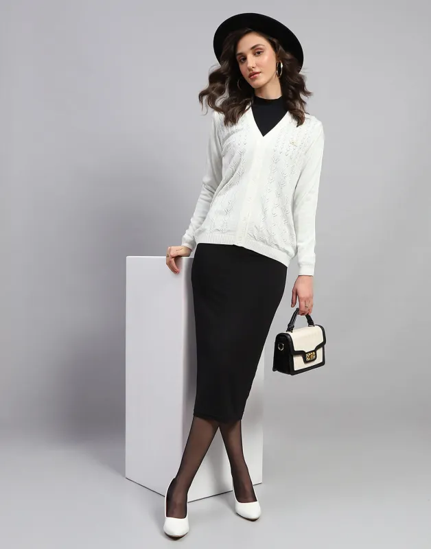 Women White Self Design V Neck Full Sleeve Cardigan sold by Monte Carlo