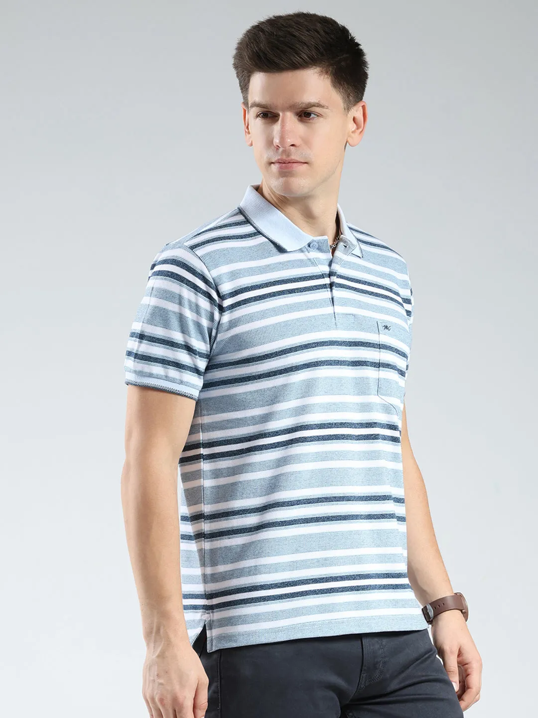 Men Blue Stripe Collar Half Sleeve T-Shirt sold by Monte Carlo product image thumbnail 4