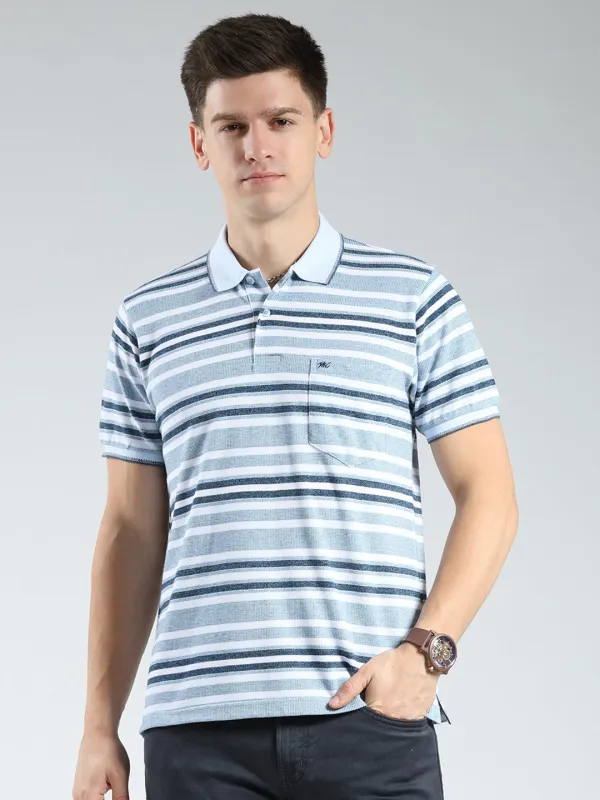 Men Blue Stripe Collar Half Sleeve T-Shirt made by Monte Carlo