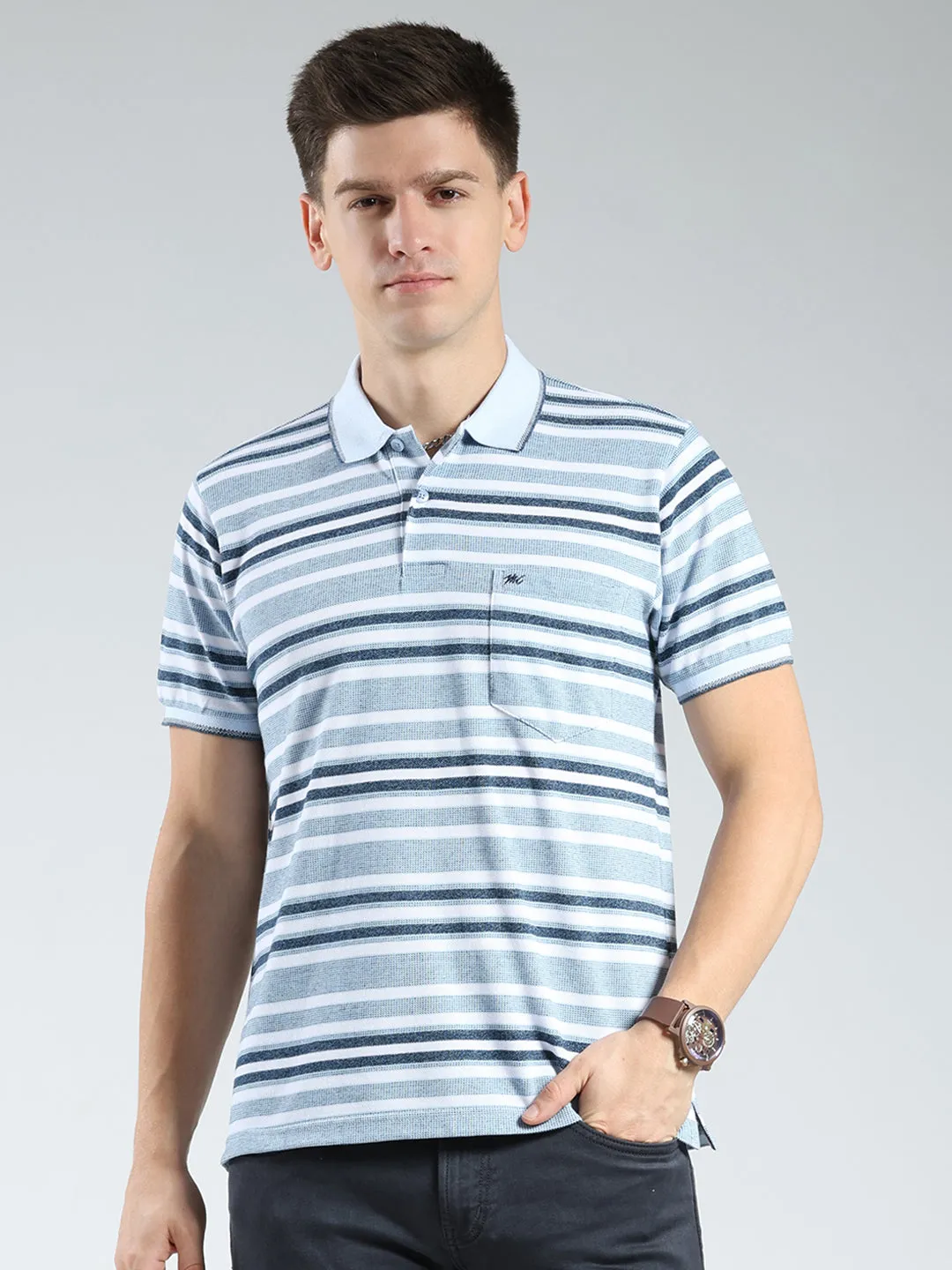 Men Blue Stripe Collar Half Sleeve T-Shirt sold by Monte Carlo