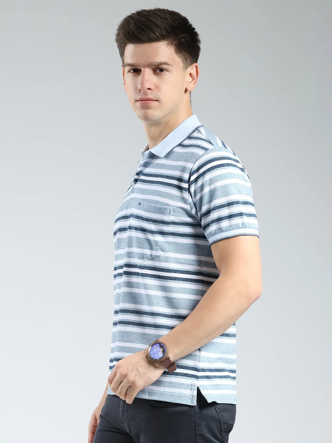 Men Blue Stripe Collar Half Sleeve T-Shirt sold by Monte Carlo product image thumbnail 3