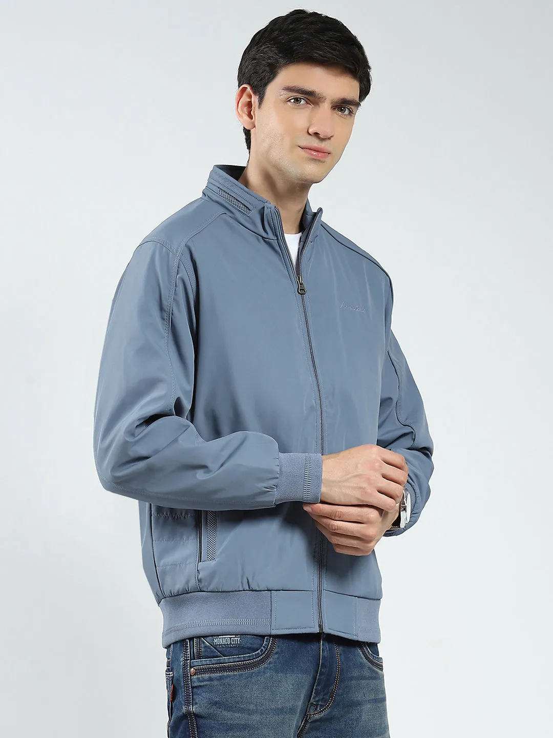 Men Grey Solid Mock Neck Full Sleeve Jacket sold by Monte Carlo product image thumbnail 4