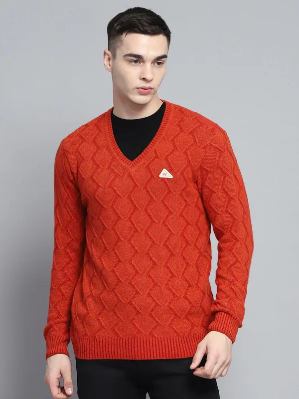 Men Rust Self Design V Neck Full Sleeve Pullover made by Monte Carlo