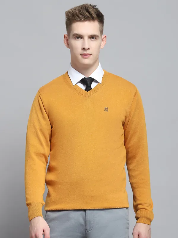 Men Mustard Solid V Neck Full Sleeve Pullover made by Monte Carlo