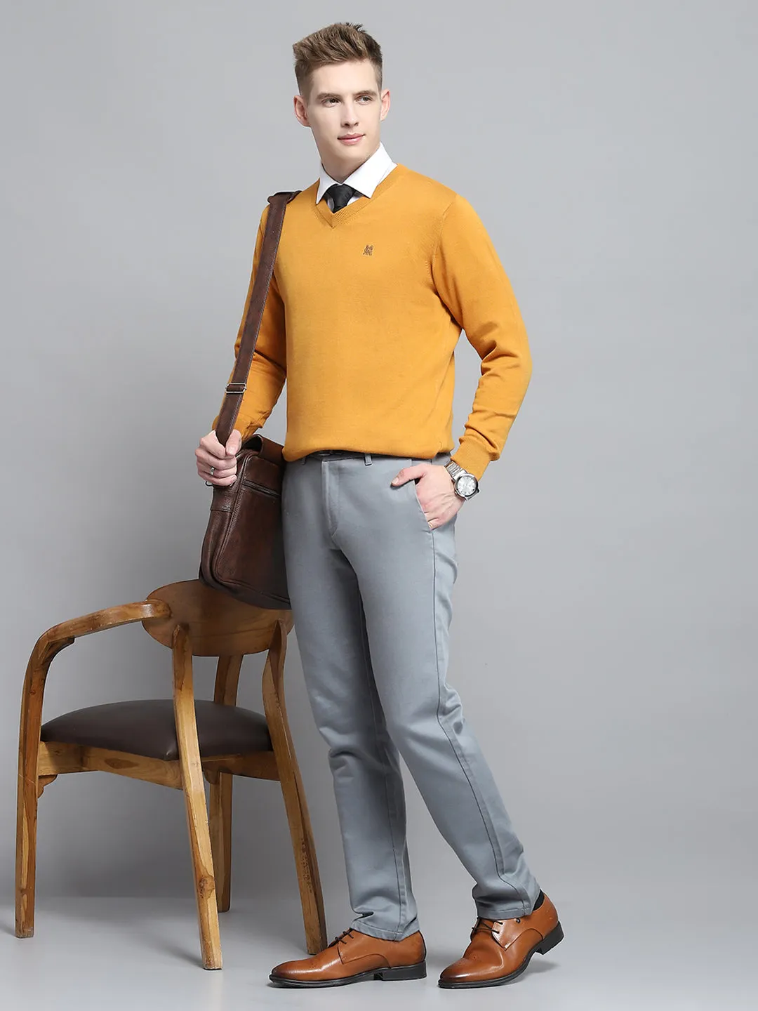 Men Mustard Solid V Neck Full Sleeve Pullover sold by Monte Carlo product image thumbnail 2
