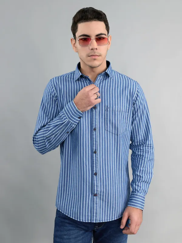 Men Blue Stripe Collar Full Sleeve Shirt sold by Monte Carlo