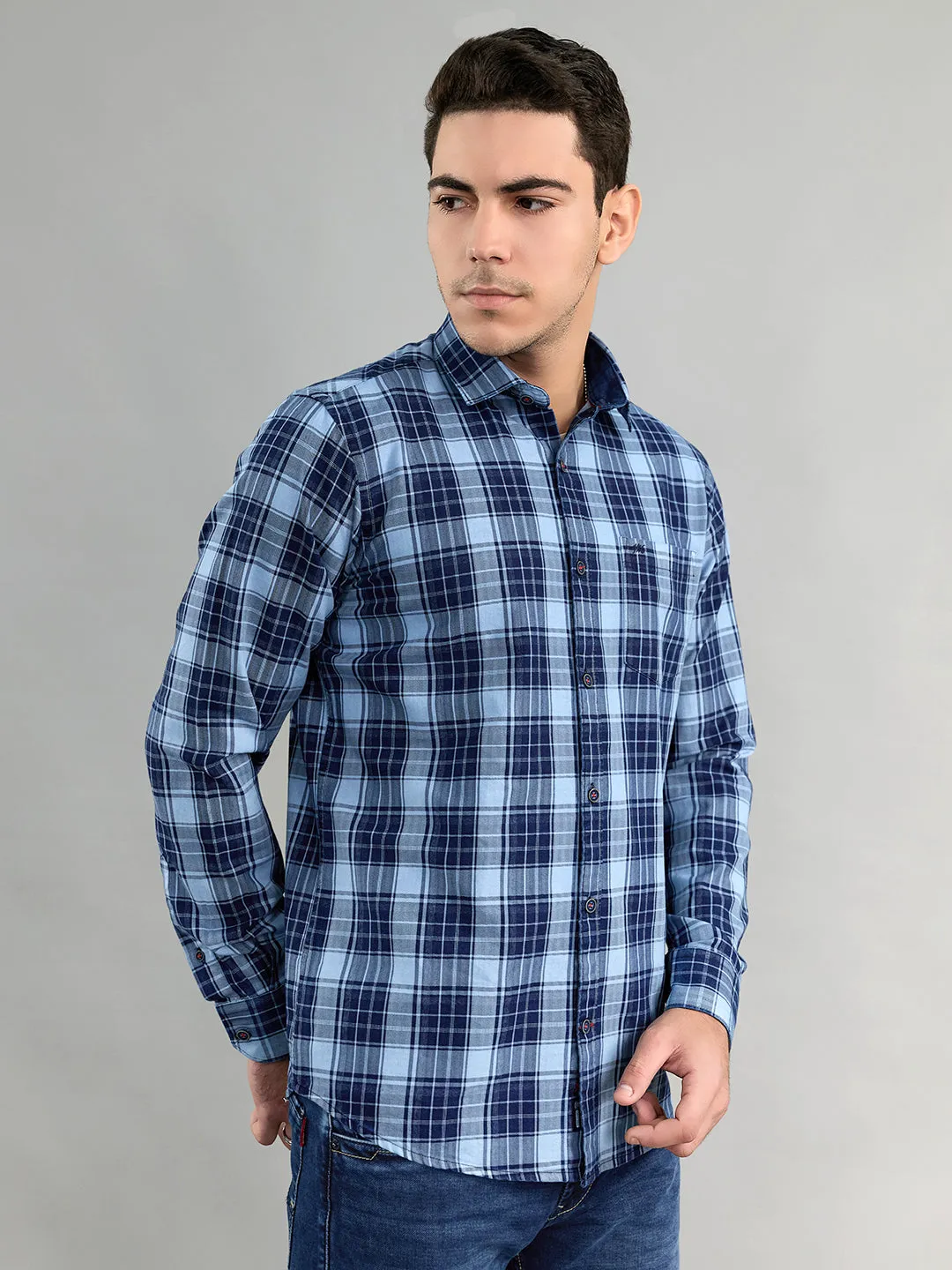 Men Navy Blue Check Collar Full Sleeve Shirt sold by Monte Carlo product image thumbnail 2