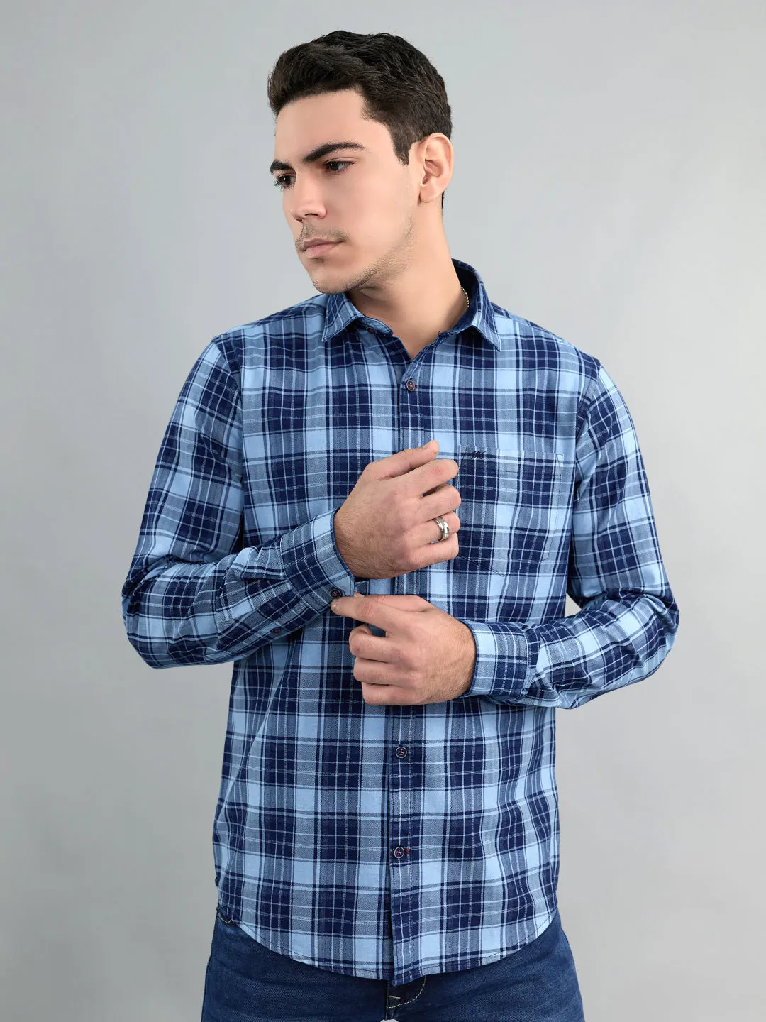 Men Navy Blue Check Collar Full Sleeve Shirt sold by Monte Carlo product image thumbnail 3