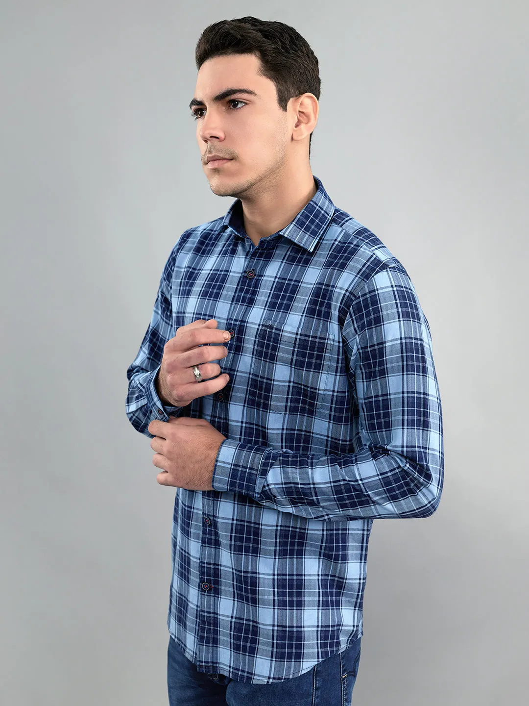 Men Navy Blue Check Collar Full Sleeve Shirt sold by Monte Carlo product image thumbnail 4