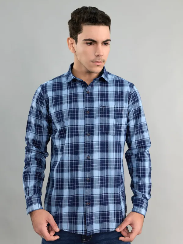 Men Navy Blue Check Collar Full Sleeve Shirt sold by Monte Carlo
