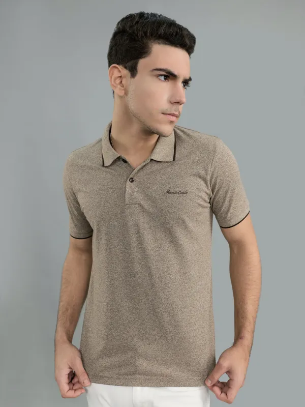 Men Beige Solid Polo Collar Half Sleeve T-Shirt made by Monte Carlo