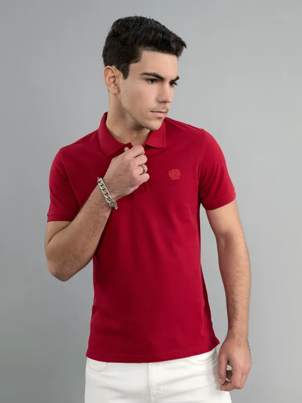 Men Red Solid Polo Collar Half Sleeve T-Shirt made by Monte Carlo