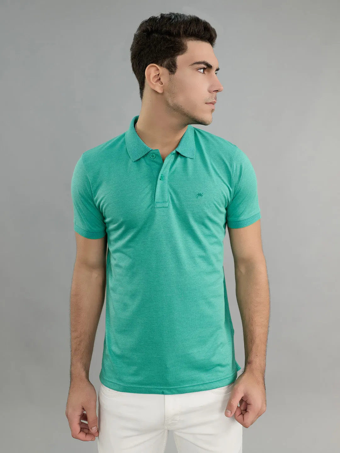 Men Sea Green Solid Collar Half Sleeve T-Shirt sold by Monte Carlo