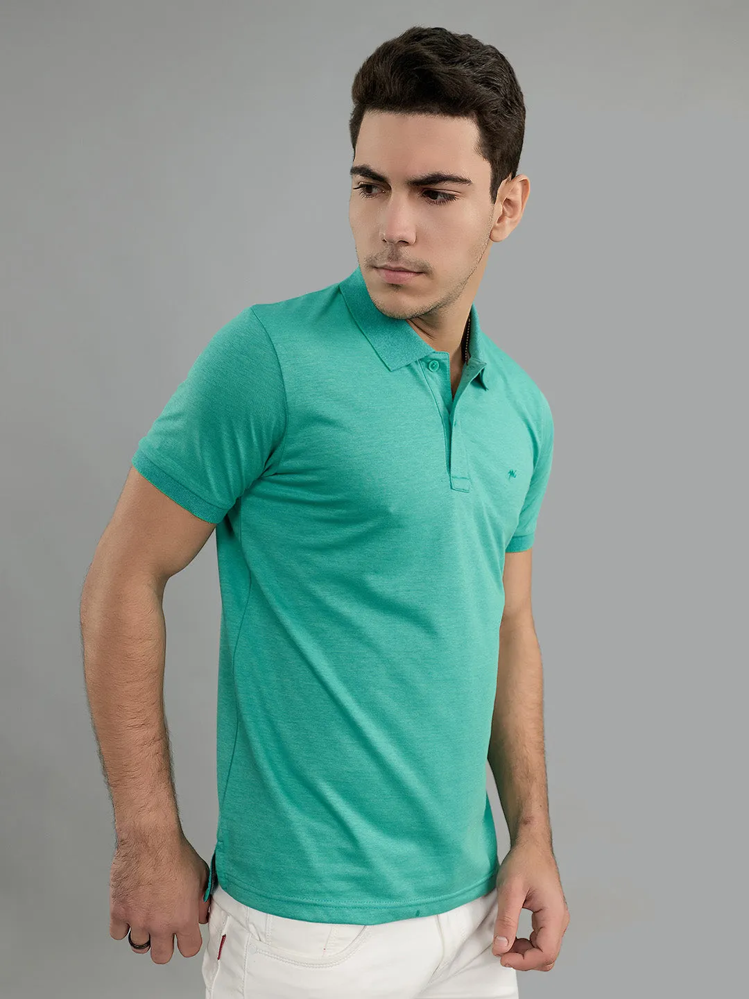 Men Sea Green Solid Collar Half Sleeve T-Shirt sold by Monte Carlo product image thumbnail 2