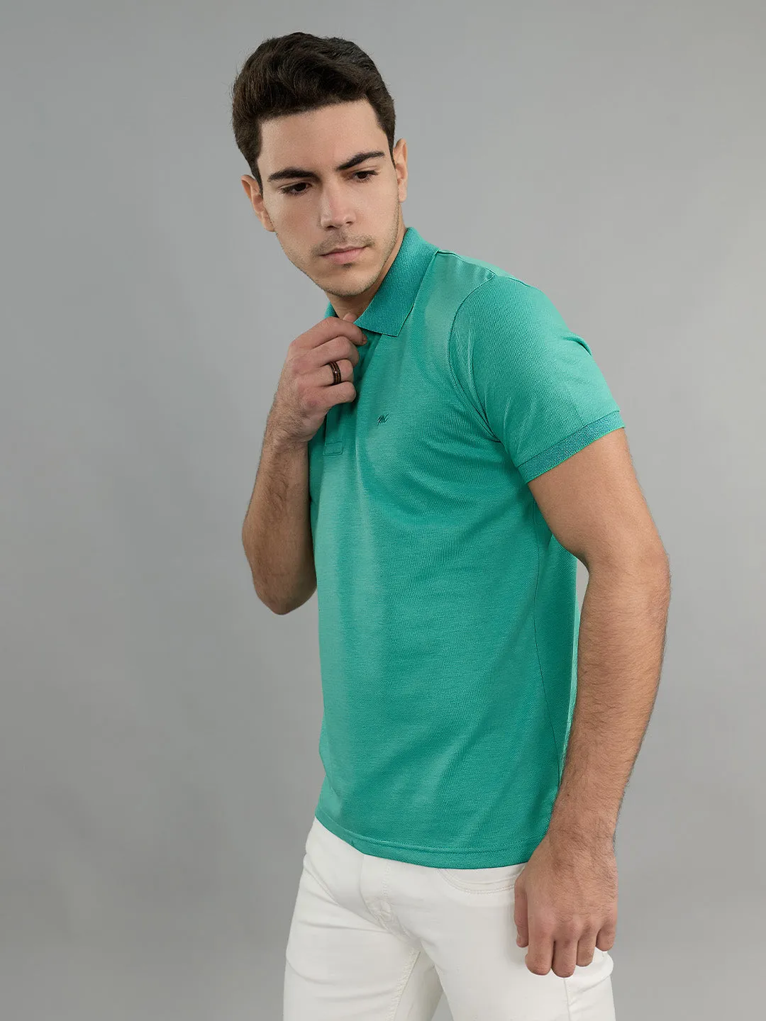 Men Sea Green Solid Collar Half Sleeve T-Shirt sold by Monte Carlo product image thumbnail 3
