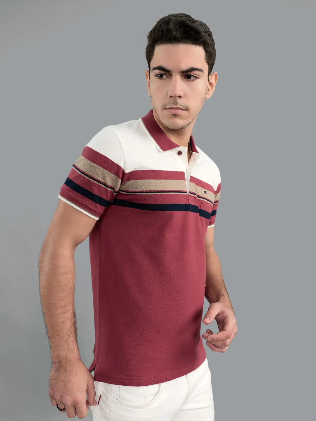 Men Burgundy Stripe Collar Half Sleeve T-Shirt sold by Monte Carlo product image thumbnail 2