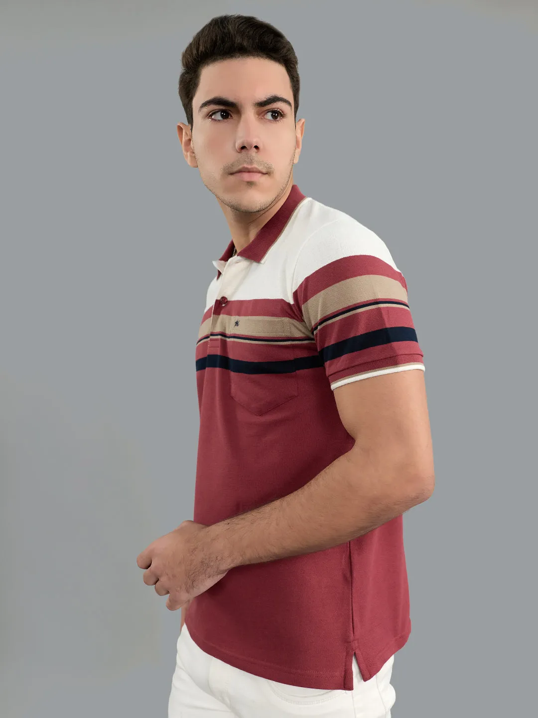 Men Burgundy Stripe Collar Half Sleeve T-Shirt sold by Monte Carlo product image thumbnail 3