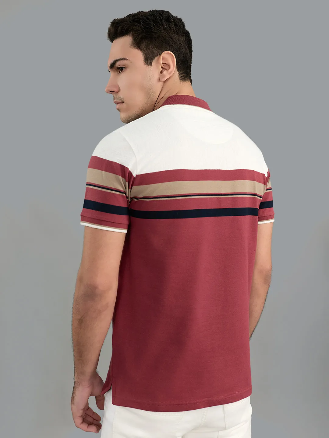 Men Burgundy Stripe Collar Half Sleeve T-Shirt sold by Monte Carlo product image thumbnail 4