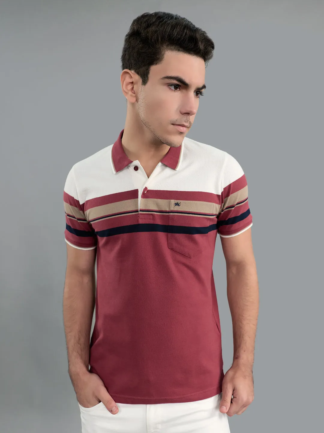 Men Burgundy Stripe Collar Half Sleeve T-Shirt sold by Monte Carlo