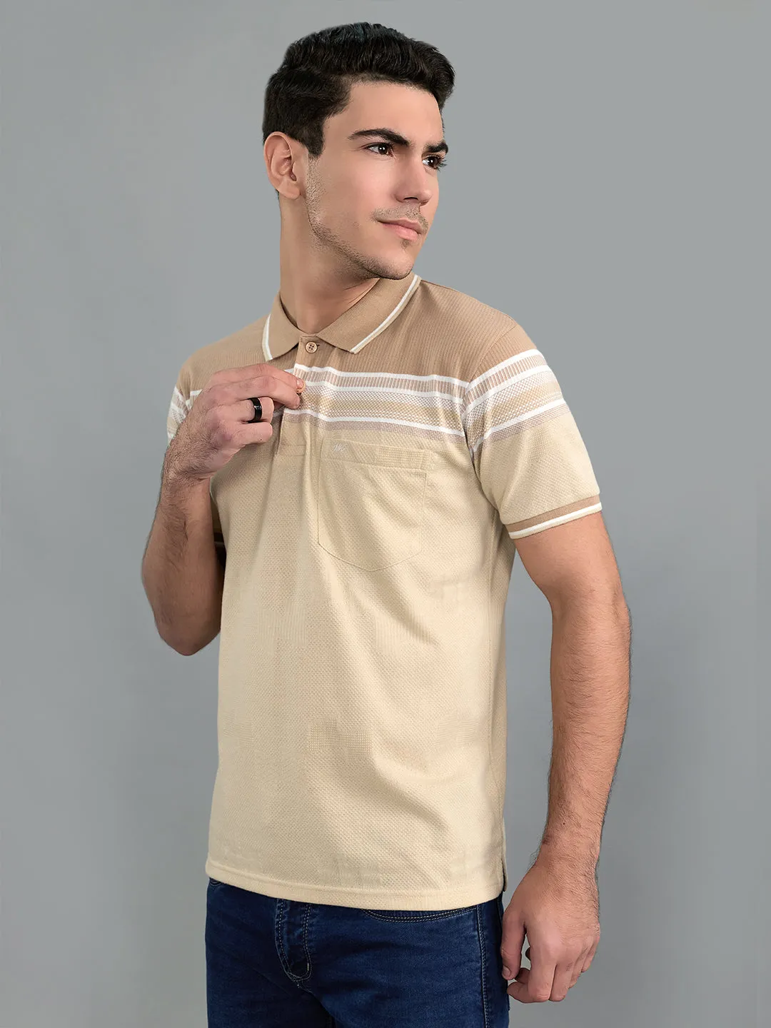 Men Camel Brown Stripe Collar Half Sleeve T-Shirt sold by Monte Carlo product image thumbnail 3