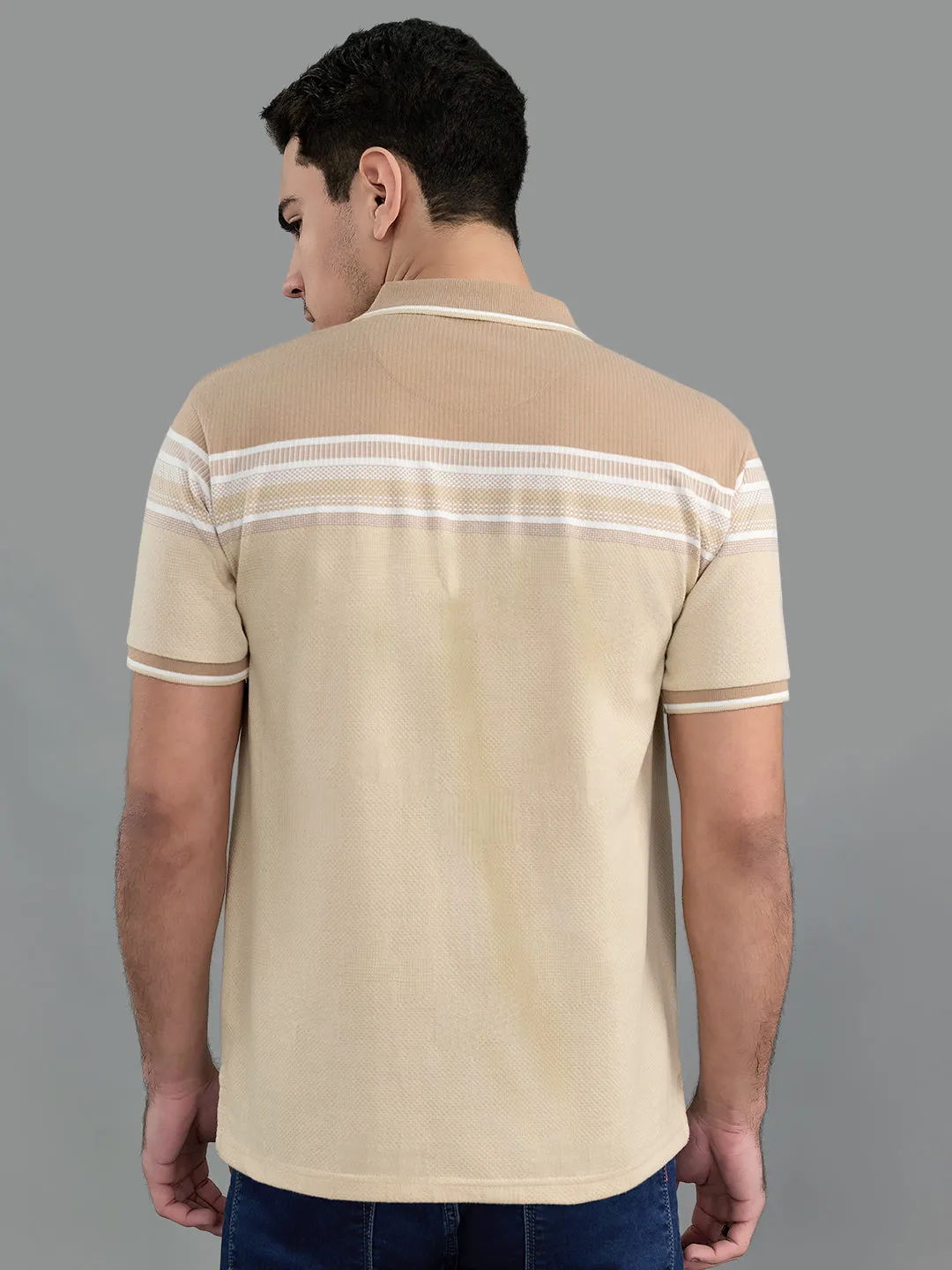 Men Camel Brown Stripe Collar Half Sleeve T-Shirt sold by Monte Carlo product image thumbnail 4