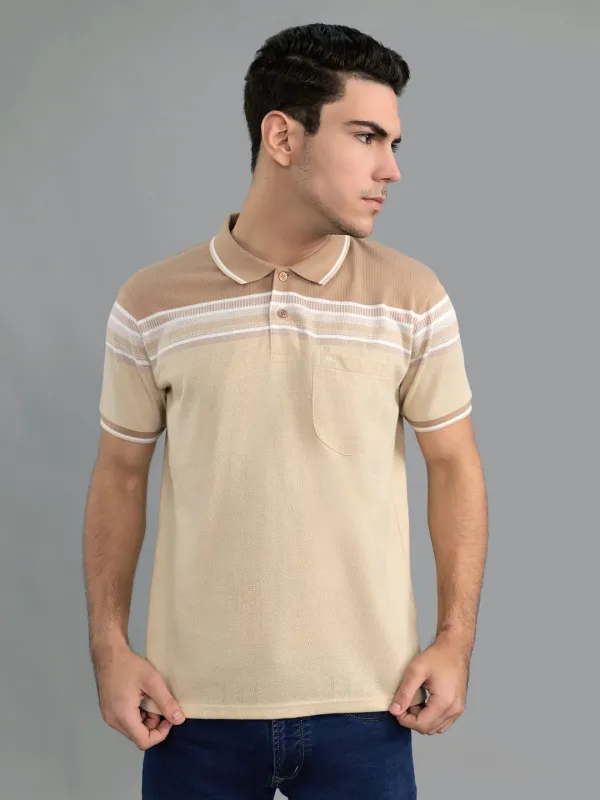 Men Camel Brown Stripe Collar Half Sleeve T-Shirt made by Monte Carlo