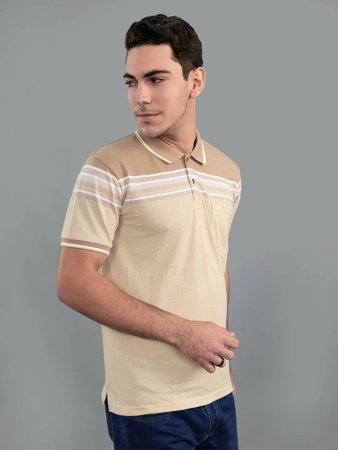 Men Camel Brown Stripe Collar Half Sleeve T-Shirt sold by Monte Carlo product image thumbnail 2