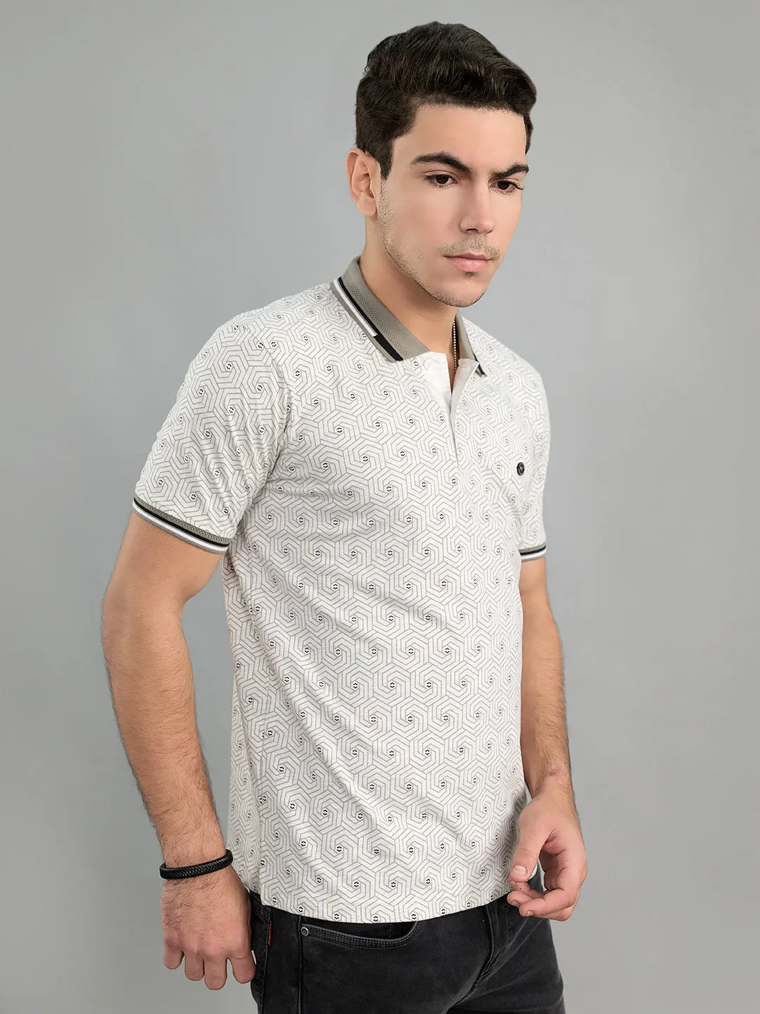 Men Grey Geometric Polo Collar Half Sleeve T-Shirt sold by Monte Carlo product image thumbnail 2