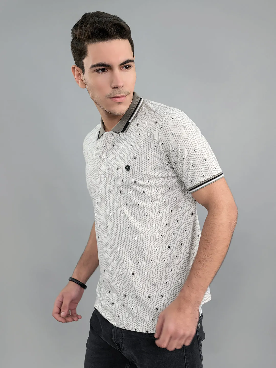 Men Grey Geometric Polo Collar Half Sleeve T-Shirt sold by Monte Carlo product image thumbnail 3