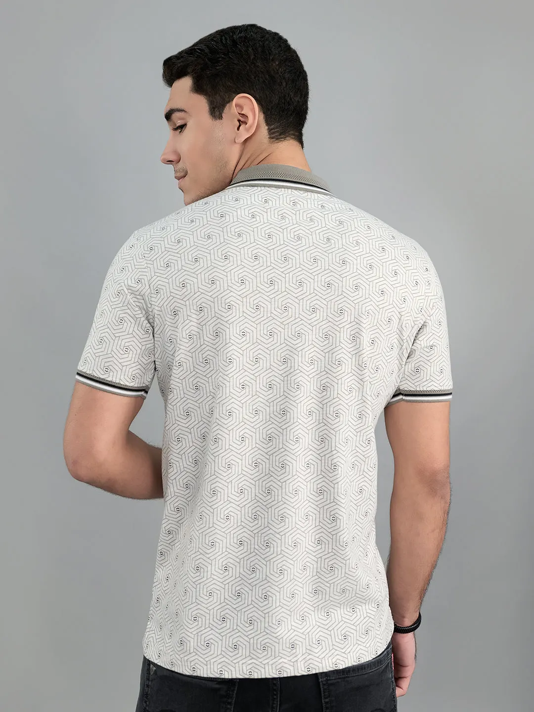 Men Grey Geometric Polo Collar Half Sleeve T-Shirt sold by Monte Carlo product image thumbnail 4