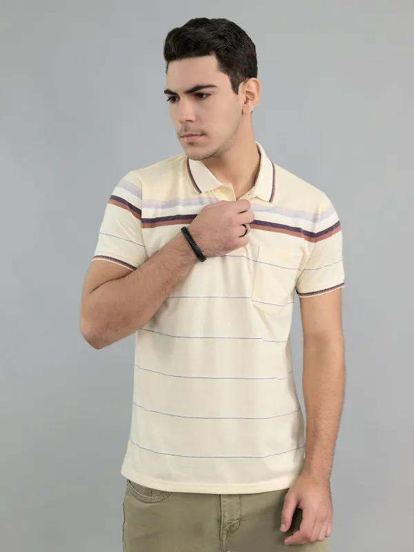 Men Yellow Stripe Polo Collar Half Sleeve T-Shirt made by Monte Carlo