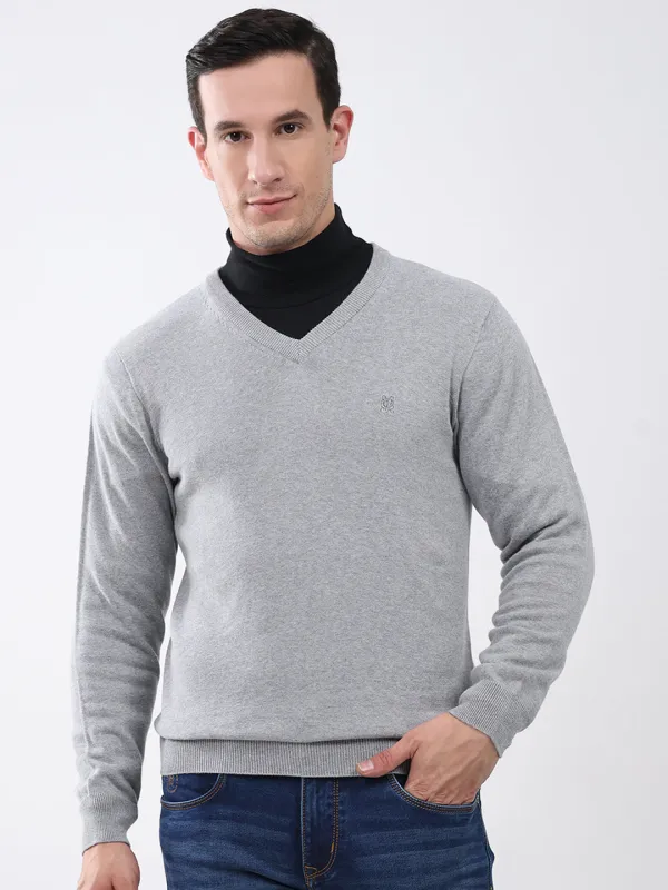 Men Grey Solid V Neck Full Sleeve Pullover made by Monte Carlo