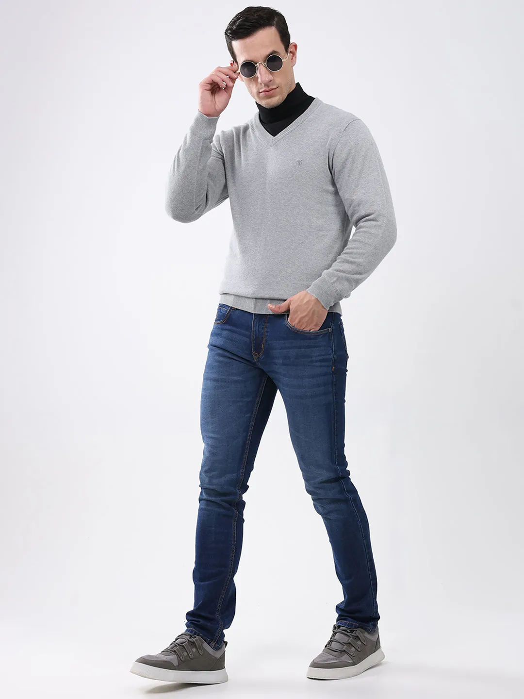 Men Grey Solid V Neck Full Sleeve Pullover sold by Monte Carlo product image thumbnail 2