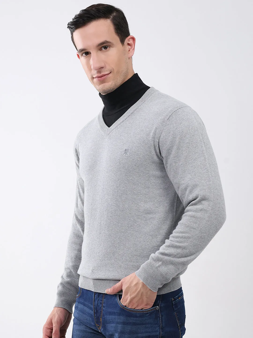 Men Grey Solid V Neck Full Sleeve Pullover sold by Monte Carlo product image thumbnail 3