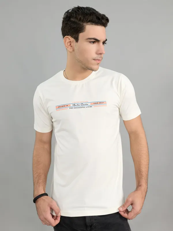 Men White Printed Round Neck Half Sleeve T-Shirt made by Monte Carlo