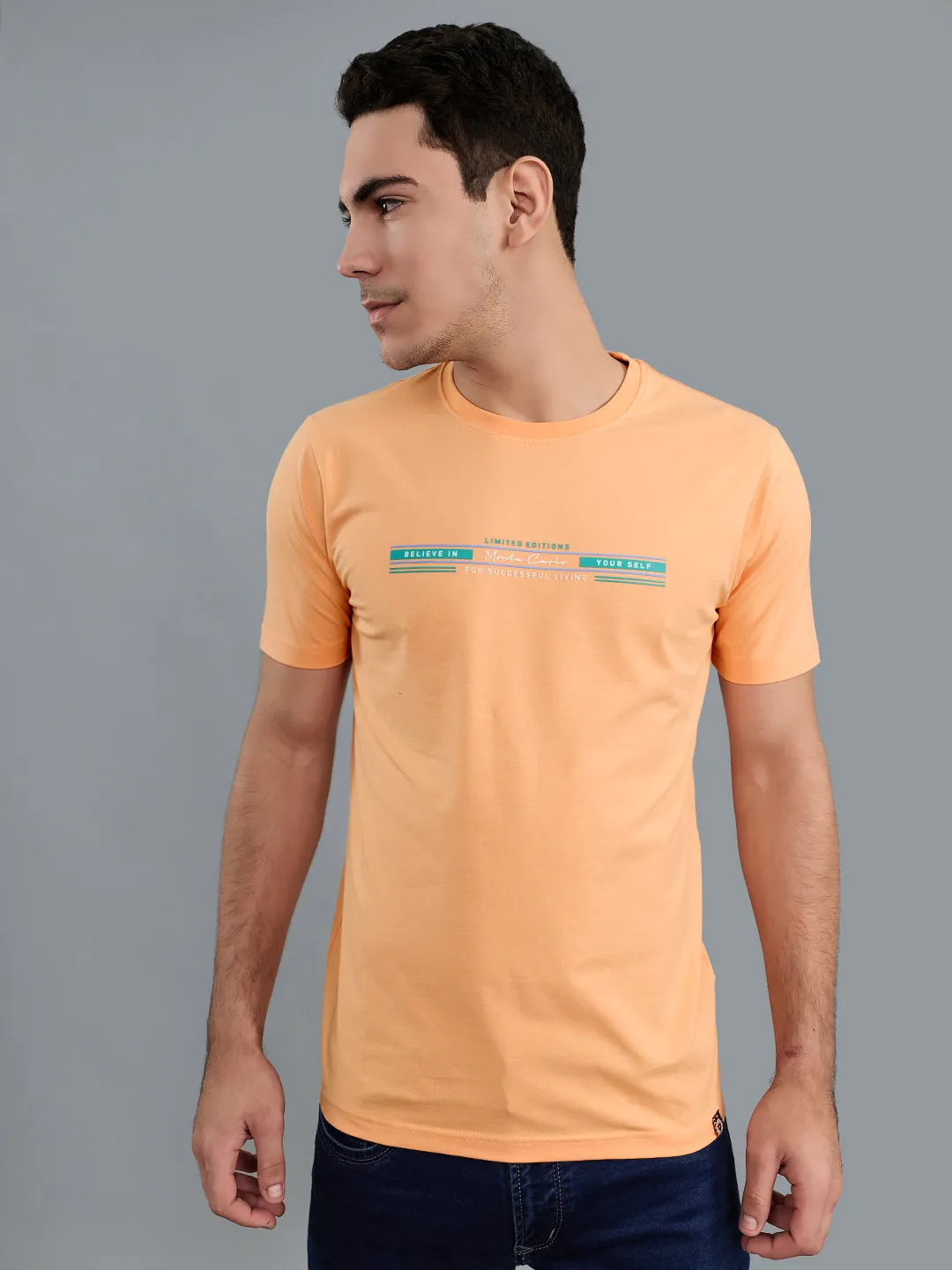 Men Peach Printed Round Neck Half Sleeve T-Shirt sold by Monte Carlo