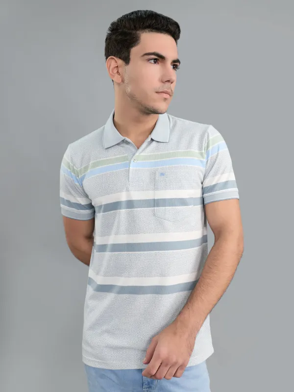 Men Grey Stripe Polo Collar Half Sleeve T-Shirt made by Monte Carlo