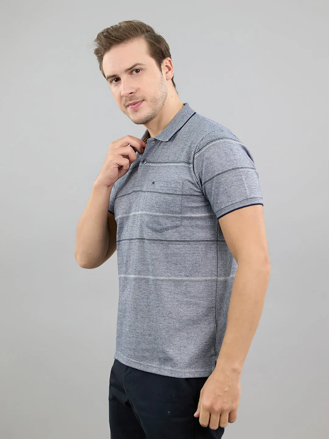 Men Navy Blue Stripe Polo Collar Half Sleeve T-Shirt sold by Monte Carlo product image thumbnail 2