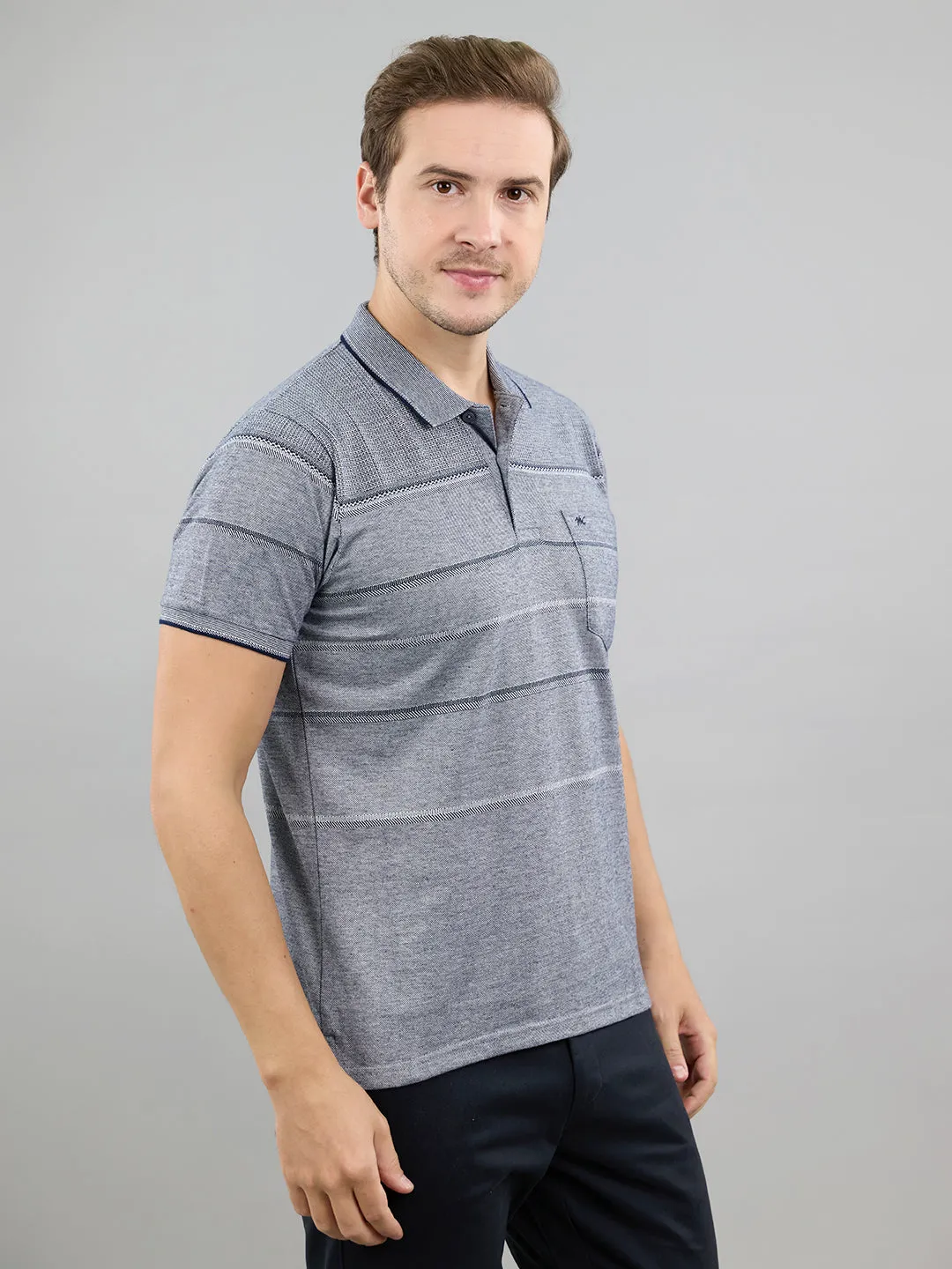 Men Navy Blue Stripe Polo Collar Half Sleeve T-Shirt sold by Monte Carlo product image thumbnail 3